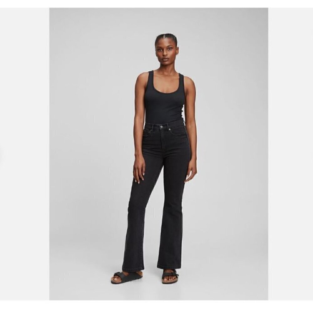 GAP High Rise Flare Jeans Black Wash Stretch Size 18/34 PETITE NWT RT$80